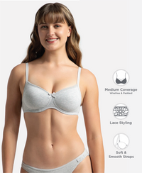Wirefree Padded Plus Size Super Combed Cotton Elastane Stretch Medium Coverage T-Shirt Bra with Lace Styling - Steel Grey Melange