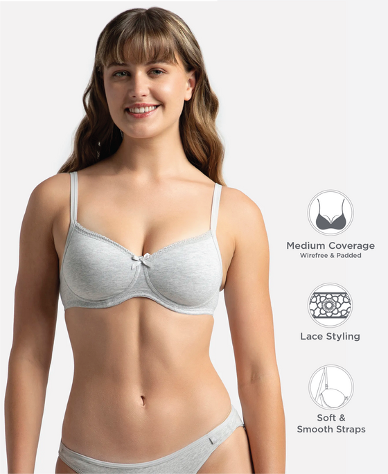 Wirefree Padded Plus Size Super Combed Cotton Elastane Stretch Medium Coverage T-Shirt Bra with Lace Styling - Steel Grey Melange