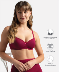 Wirefree Padded Super Combed Cotton Elastane Stretch Medium Coverage T-Shirt Bra with Lace Styling - Beet Red