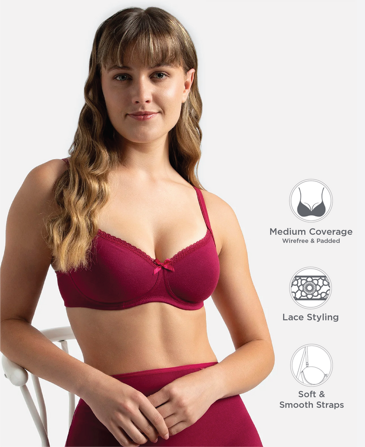Wirefree Padded Super Combed Cotton Elastane Stretch Medium Coverage T-Shirt Bra with Lace Styling - Beet Red