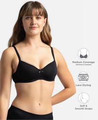 Wirefree Padded Super Combed Cotton Elastane Stretch Medium Coverage T-Shirt Bra with Lace Styling - Black