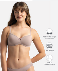 Wirefree Padded Super Combed Cotton Elastane Stretch Medium Coverage T-Shirt Bra with Lace Styling - Mocha