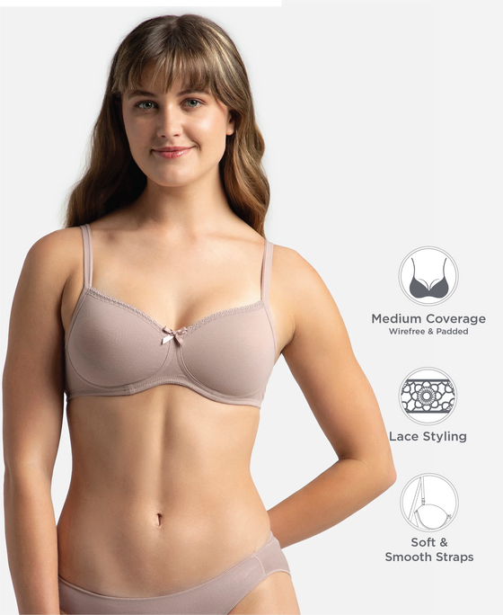 Wirefree Padded Super Combed Cotton Elastane Stretch Medium Coverage T-Shirt Bra with Lace Styling - Mocha