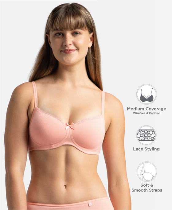 Wirefree Padded Super Combed Cotton Elastane Stretch Medium Coverage T-Shirt Bra with Lace Styling - Candlelight Peach