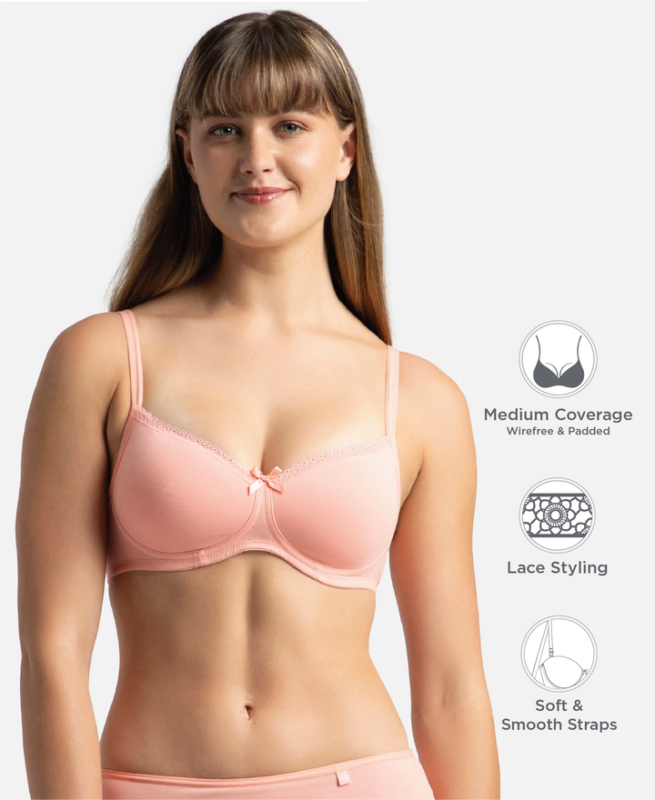 Wirefree Padded Super Combed Cotton Elastane Stretch Medium Coverage T-Shirt Bra with Lace Styling - Candlelight Peach