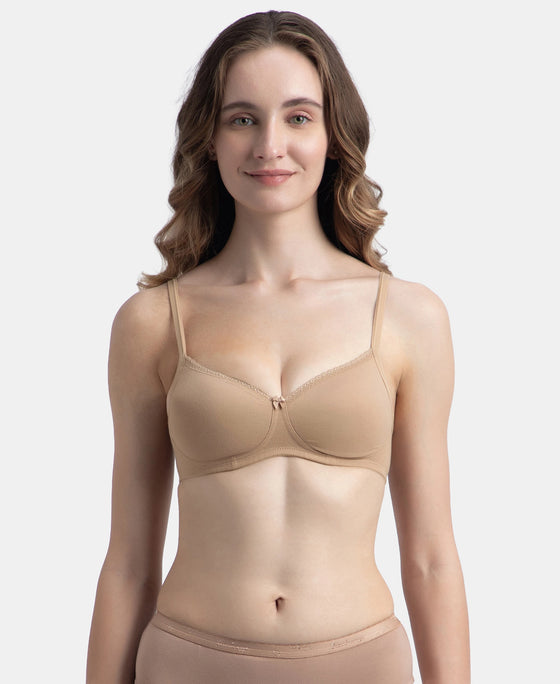 Wirefree Padded Super Combed Cotton Elastane Stretch Medium Coverage T-Shirt Bra with Lace Styling - Almondine