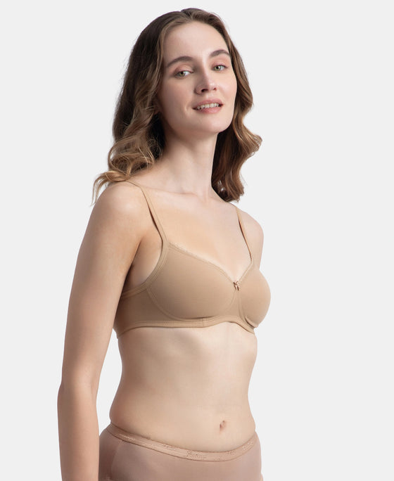 Wirefree Padded Super Combed Cotton Elastane Stretch Medium Coverage T-Shirt Bra with Lace Styling - Almondine