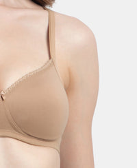 Wirefree Padded Super Combed Cotton Elastane Stretch Medium Coverage T-Shirt Bra with Lace Styling - Almondine