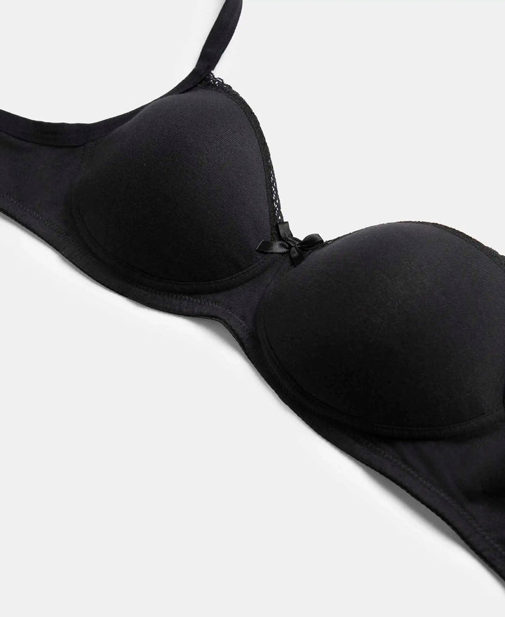 Wirefree Padded Super Combed Cotton Elastane Stretch Medium Coverage T-Shirt Bra with Lace Styling - Black