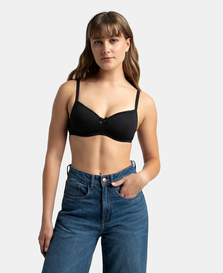 Wirefree Padded Super Combed Cotton Elastane Stretch Medium Coverage T-Shirt Bra with Lace Styling - Black