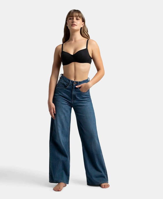 Wirefree Padded Super Combed Cotton Elastane Stretch Medium Coverage T-Shirt Bra with Lace Styling - Black