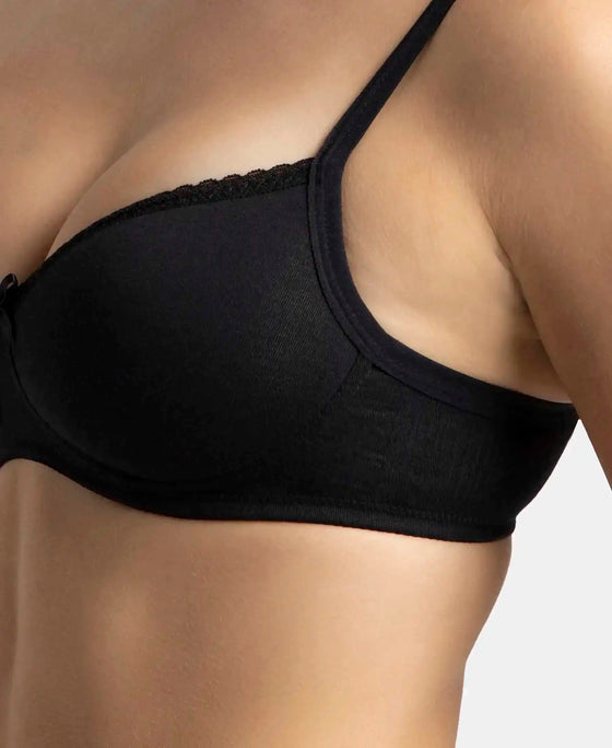 Wirefree Padded Super Combed Cotton Elastane Stretch Medium Coverage T-Shirt Bra with Lace Styling - Black