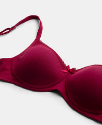 Wirefree Padded Super Combed Cotton Elastane Stretch Medium Coverage T-Shirt Bra with Lace Styling - Beet Red