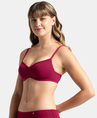 Wirefree Padded Super Combed Cotton Elastane Stretch Medium Coverage T-Shirt Bra with Lace Styling - Beet Red