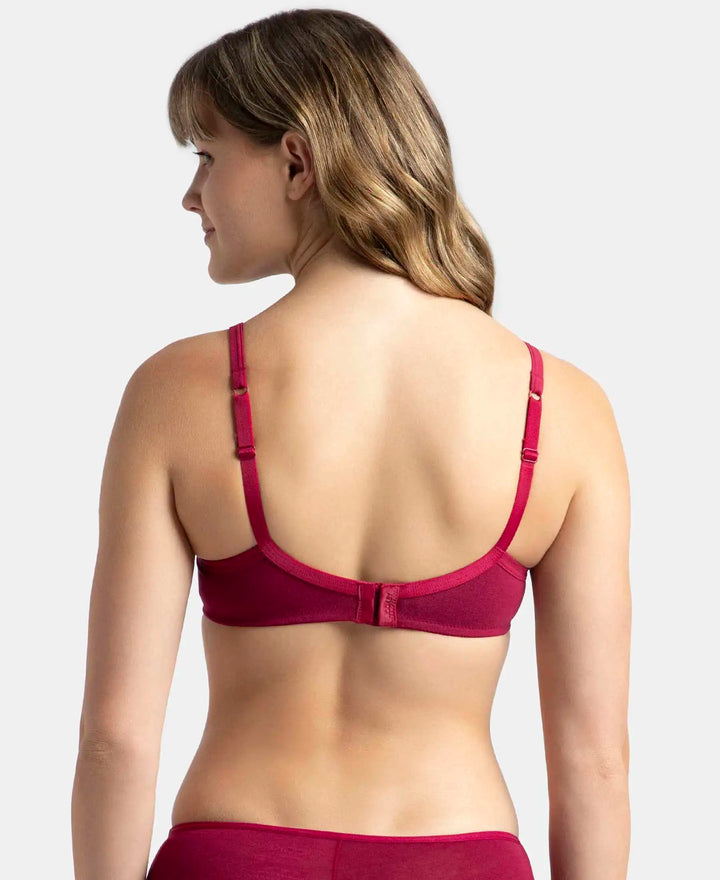 Wirefree Padded Super Combed Cotton Elastane Stretch Medium Coverage T-Shirt Bra with Lace Styling - Beet Red