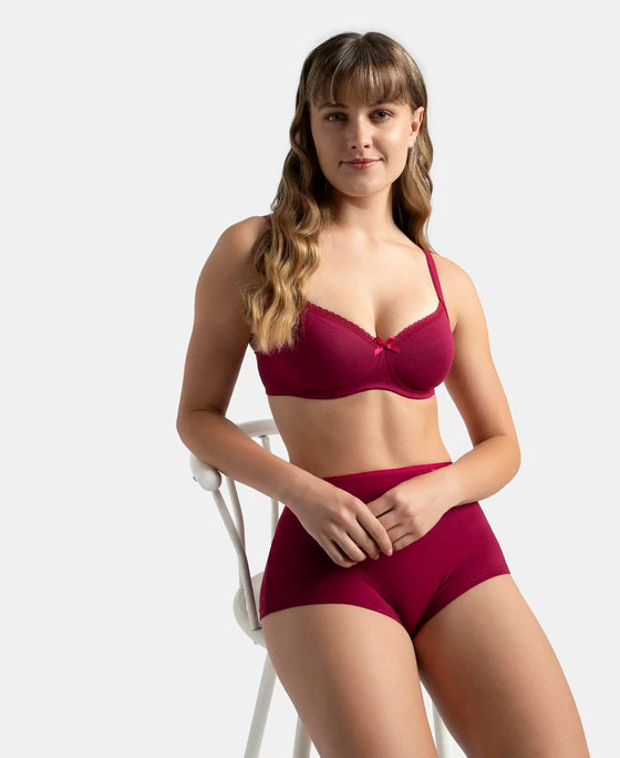 Wirefree Padded Super Combed Cotton Elastane Stretch Medium Coverage T-Shirt Bra with Lace Styling - Beet Red