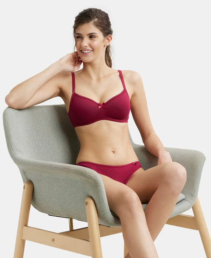 Wirefree Padded Super Combed Cotton Elastane Medium Coverage T-Shirt Bra with Lace Styling - Beet Red-5