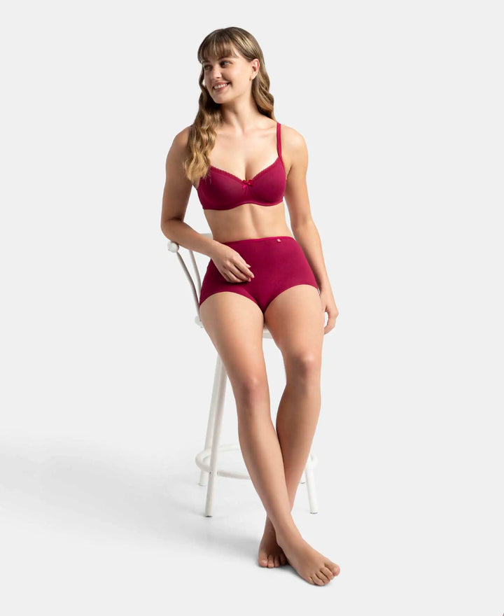 Wirefree Padded Super Combed Cotton Elastane Stretch Medium Coverage T-Shirt Bra with Lace Styling - Beet Red