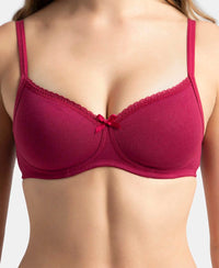 Wirefree Padded Super Combed Cotton Elastane Stretch Medium Coverage T-Shirt Bra with Lace Styling - Beet Red