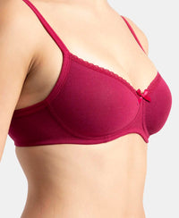 Wirefree Padded Super Combed Cotton Elastane Stretch Medium Coverage T-Shirt Bra with Lace Styling - Beet Red