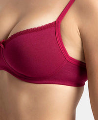Wirefree Padded Super Combed Cotton Elastane Stretch Medium Coverage T-Shirt Bra with Lace Styling - Beet Red