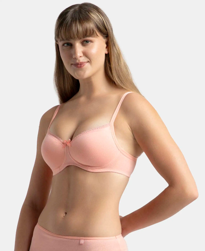 Wirefree Padded Super Combed Cotton Elastane Stretch Medium Coverage T-Shirt Bra with Lace Styling - Candlelight Peach