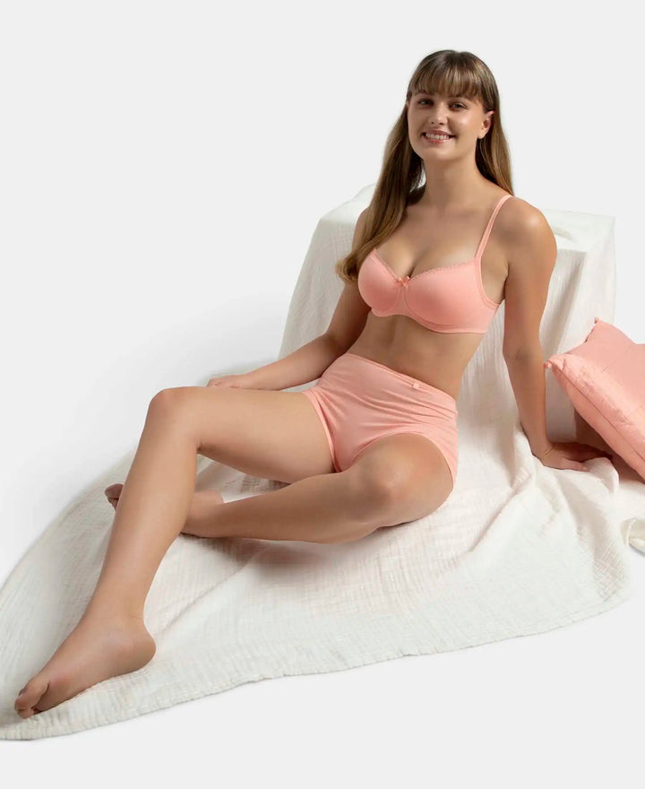 Wirefree Padded Super Combed Cotton Elastane Stretch Medium Coverage T-Shirt Bra with Lace Styling - Candlelight Peach