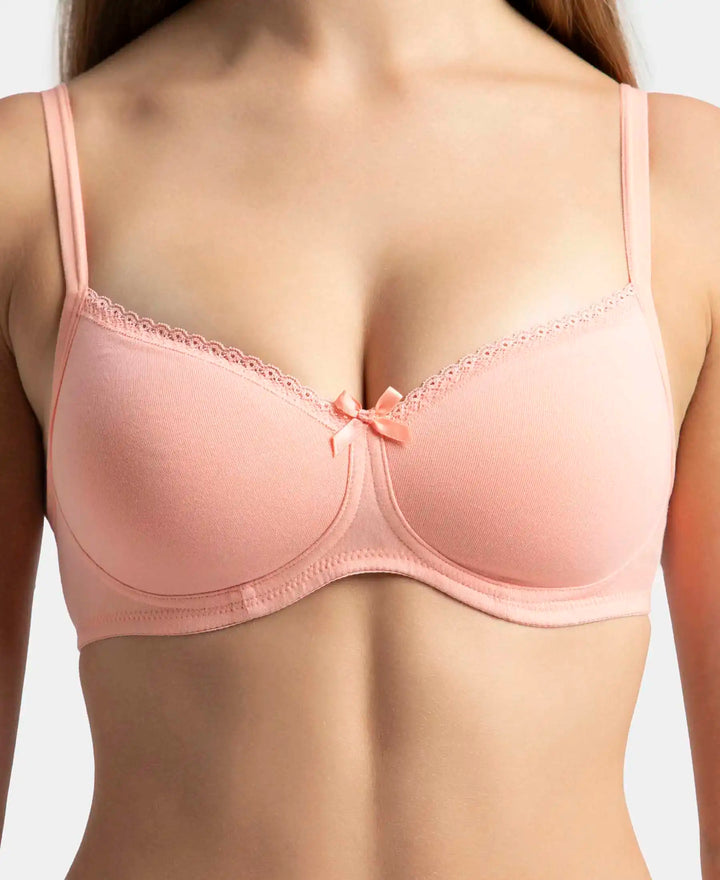 Wirefree Padded Super Combed Cotton Elastane Stretch Medium Coverage T-Shirt Bra with Lace Styling - Candlelight Peach