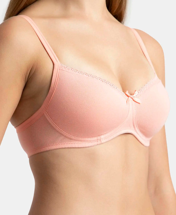 Wirefree Padded Super Combed Cotton Elastane Stretch Medium Coverage T-Shirt Bra with Lace Styling - Candlelight Peach