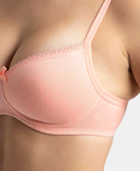 Wirefree Padded Super Combed Cotton Elastane Stretch Medium Coverage T-Shirt Bra with Lace Styling - Candlelight Peach