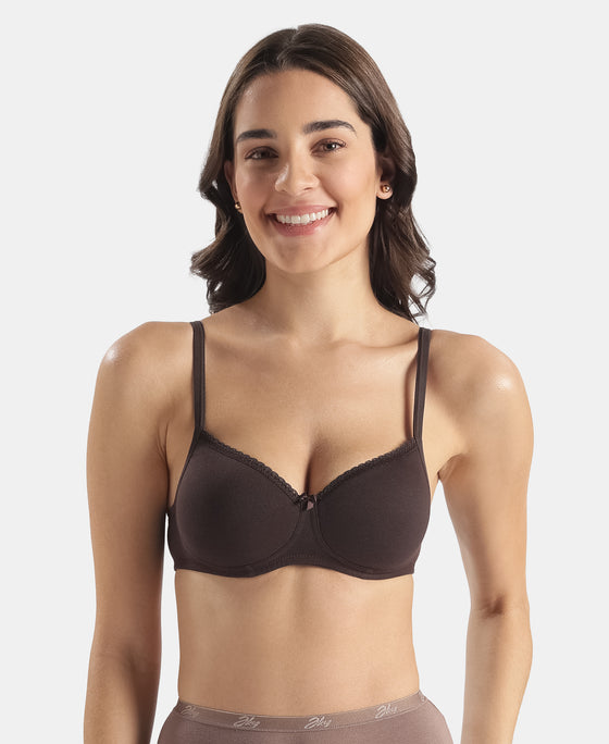Wirefree Padded Super Combed Cotton Elastane Stretch Medium Coverage Tshirt Bra with Lace Styling - Coffee