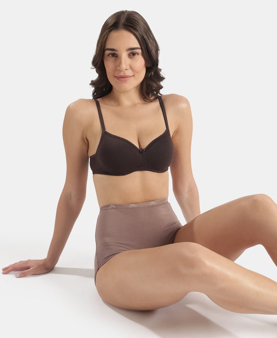 Wirefree Padded Super Combed Cotton Elastane Stretch Medium Coverage Tshirt Bra with Lace Styling - Coffee