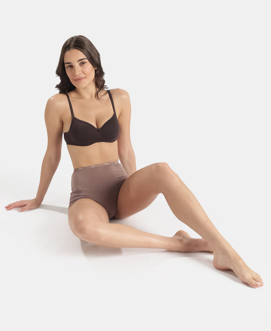 Wirefree Padded Super Combed Cotton Elastane Stretch Medium Coverage Tshirt Bra with Lace Styling - Coffee