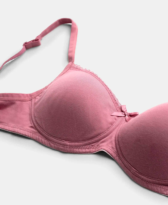Wirefree Padded Super Combed Cotton Elastane Stretch Medium Coverage T-Shirt Bra with Lace Styling - Heather Rose