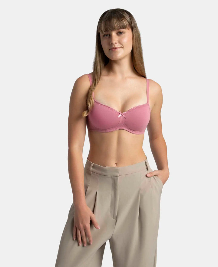 Wirefree Padded Super Combed Cotton Elastane Stretch Medium Coverage T-Shirt Bra with Lace Styling - Heather Rose