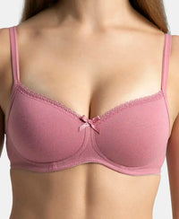 Wirefree Padded Super Combed Cotton Elastane Stretch Medium Coverage T-Shirt Bra with Lace Styling - Heather Rose