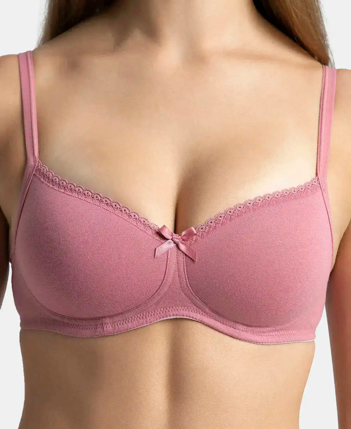Wirefree Padded Super Combed Cotton Elastane Stretch Medium Coverage T-Shirt Bra with Lace Styling - Heather Rose