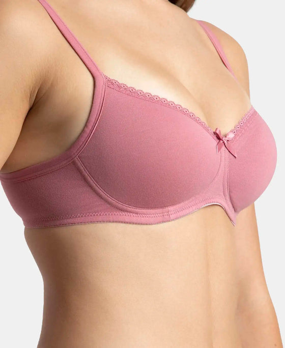 Wirefree Padded Super Combed Cotton Elastane Stretch Medium Coverage T-Shirt Bra with Lace Styling - Heather Rose