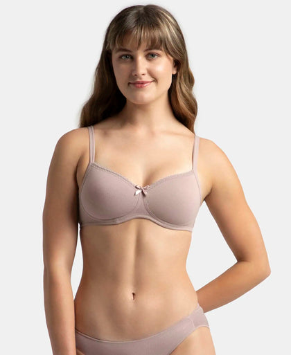 Wirefree Padded Super Combed Cotton Elastane Stretch Medium Coverage T-Shirt Bra with Lace Styling - Mocha