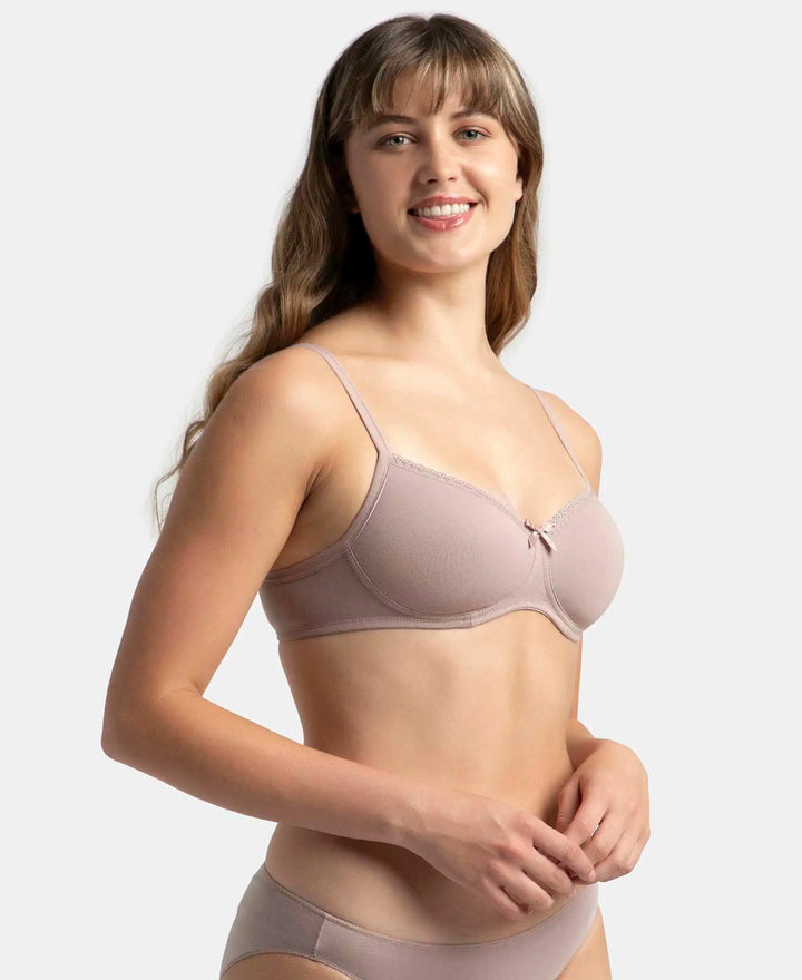 Wirefree Padded Super Combed Cotton Elastane Stretch Medium Coverage T-Shirt Bra with Lace Styling - Mocha