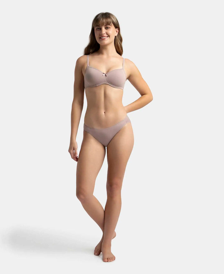 Wirefree Padded Super Combed Cotton Elastane Stretch Medium Coverage T-Shirt Bra with Lace Styling - Mocha