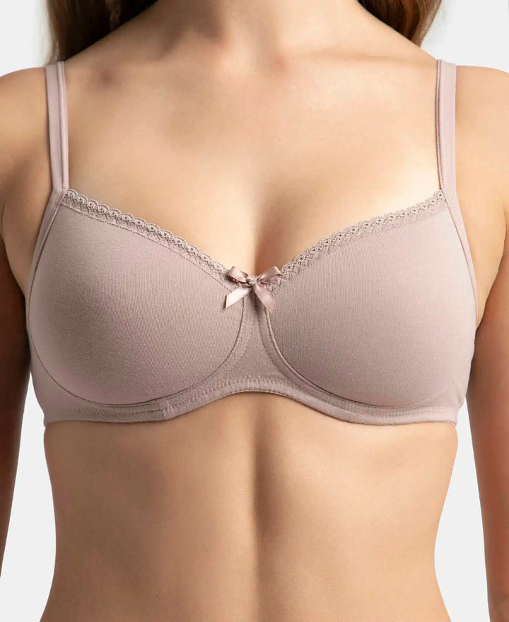 Wirefree Padded Super Combed Cotton Elastane Stretch Medium Coverage T-Shirt Bra with Lace Styling - Mocha