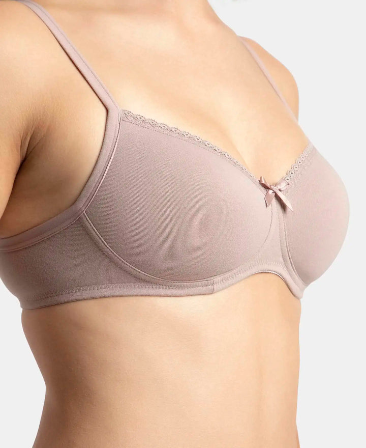 Wirefree Padded Super Combed Cotton Elastane Stretch Medium Coverage T-Shirt Bra with Lace Styling - Mocha
