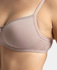 Wirefree Padded Super Combed Cotton Elastane Stretch Medium Coverage T-Shirt Bra with Lace Styling - Mocha