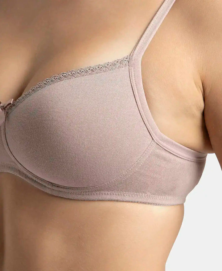 Wirefree Padded Super Combed Cotton Elastane Stretch Medium Coverage T-Shirt Bra with Lace Styling - Mocha