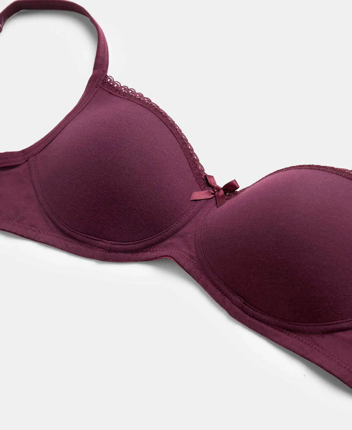 Wirefree Padded Super Combed Cotton Elastane Stretch Medium Coverage T-Shirt Bra with Lace Styling - Prune