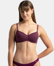 Wirefree Padded Super Combed Cotton Elastane Stretch Medium Coverage T-Shirt Bra with Lace Styling - Prune