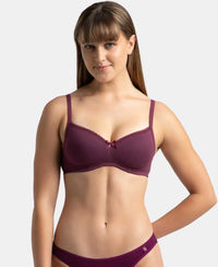 Wirefree Padded Super Combed Cotton Elastane Stretch Medium Coverage T-Shirt Bra with Lace Styling - Prune