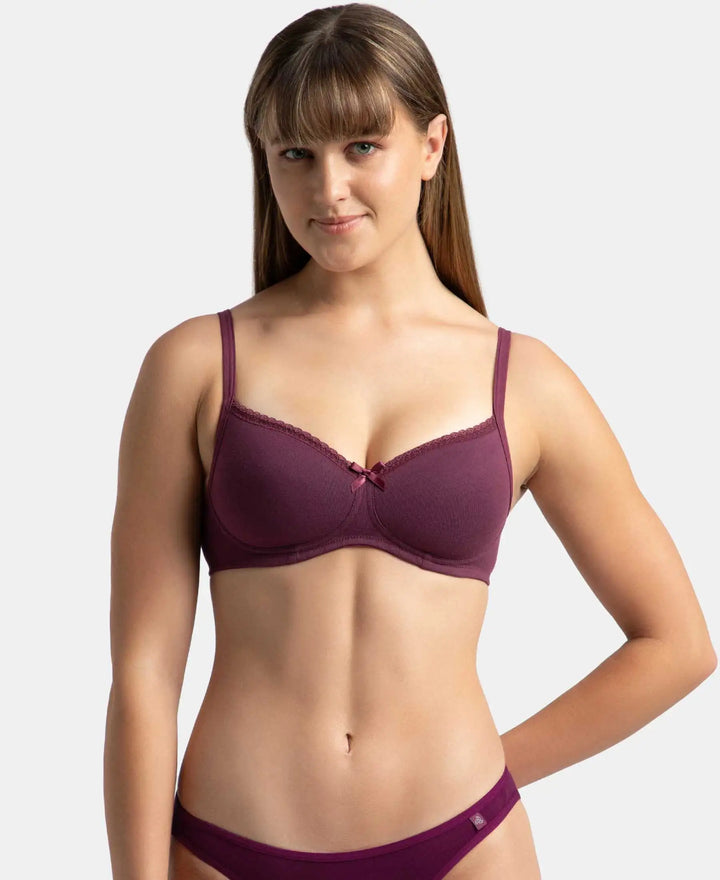 Wirefree Padded Super Combed Cotton Elastane Stretch Medium Coverage T-Shirt Bra with Lace Styling - Prune