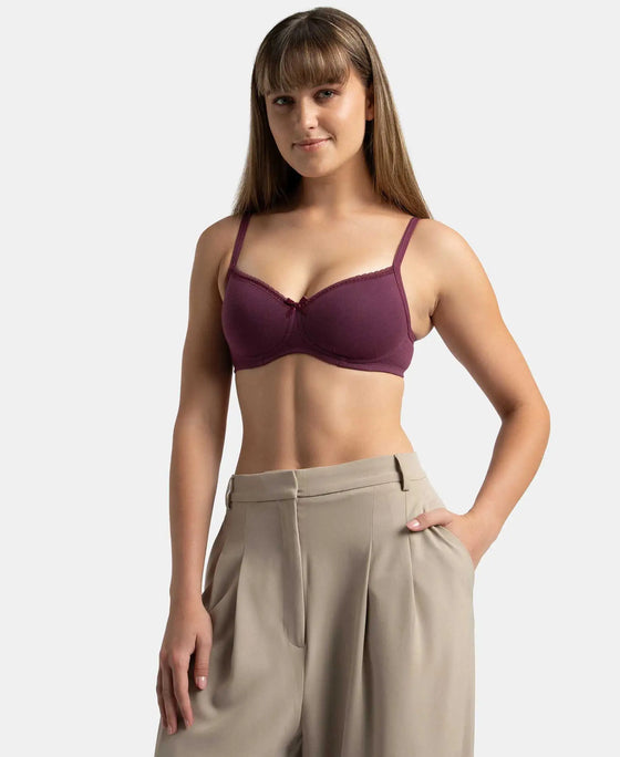 Wirefree Padded Super Combed Cotton Elastane Stretch Medium Coverage T-Shirt Bra with Lace Styling - Prune
